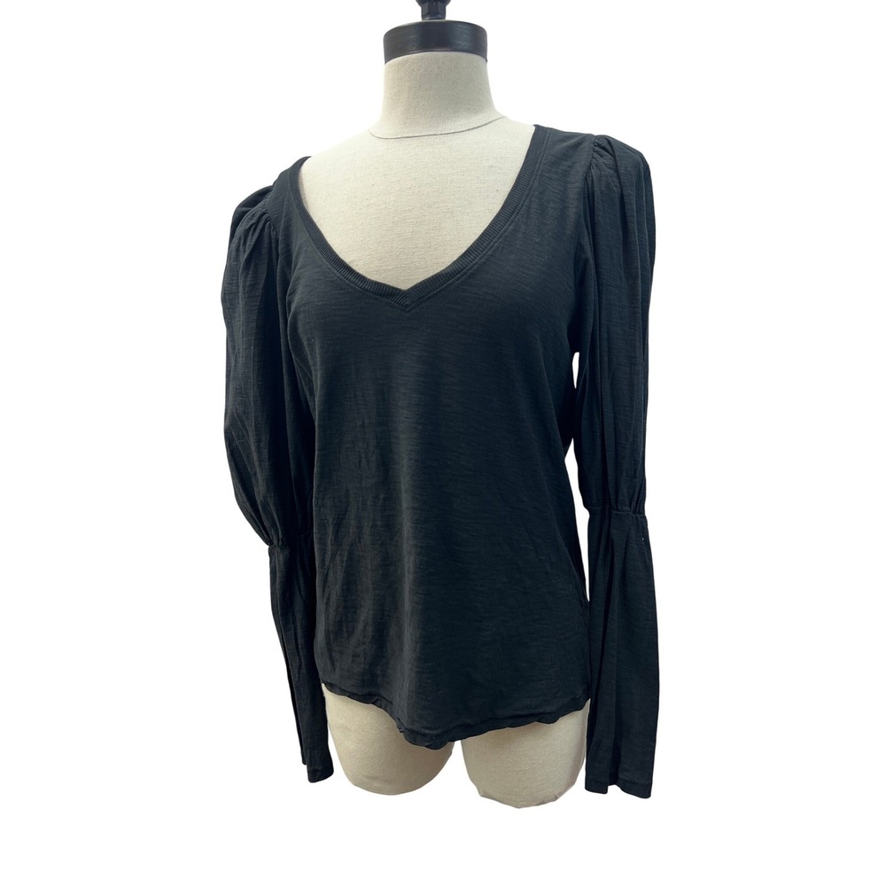 Nation LTD V-Neck Top Womens Large Black Excellent Puff Sleeve Pima Cotton Slub